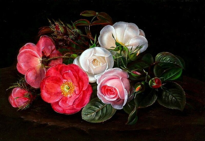 Bouquet of Roses — Red, Dramatic, Painting, Leaves