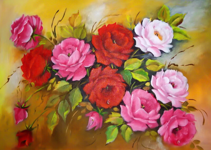 Bouquet of Roses — Yellow, Vibrant, Painting
