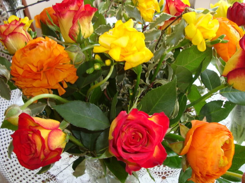 Bouquet of Roses — Yellow, Vibrant, Photograph, Flowers, Leaves, Tablecloth