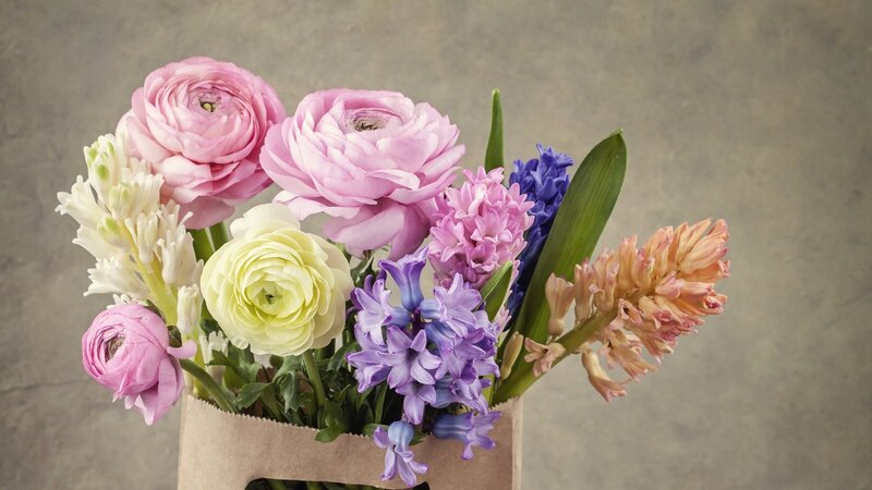 Bouquet of Spring Flowers — Pink, Calm, Photograph, Paper Bag