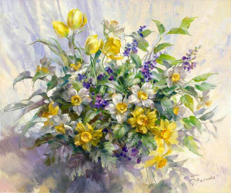 Bouquet of Spring Flowers — Yellow, Serene, Painting
