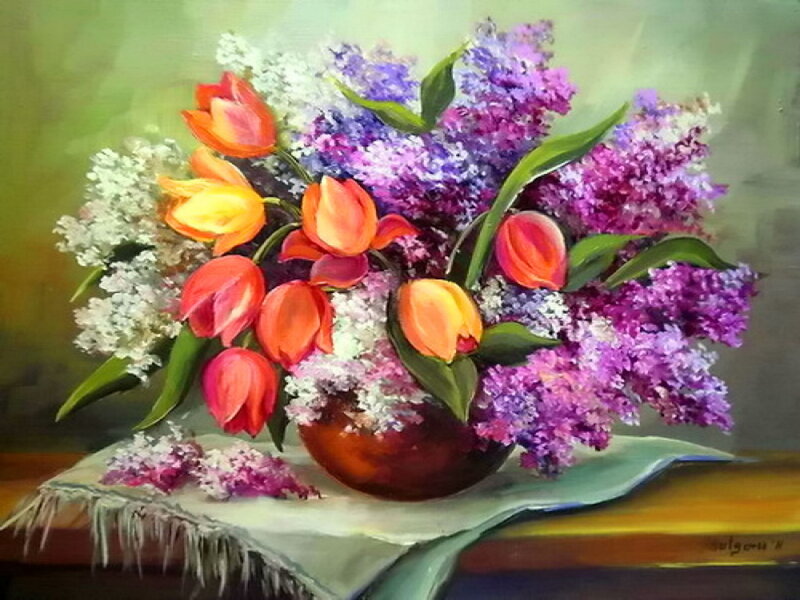 Bouquet of Tulips and Lilacs — Purple
