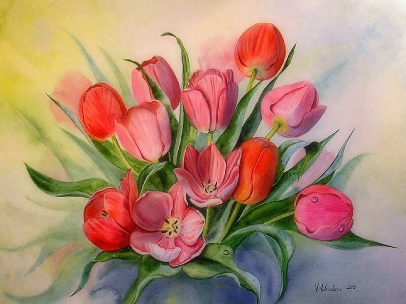 Bouquet of Tulips — Pink, Serene, Painting