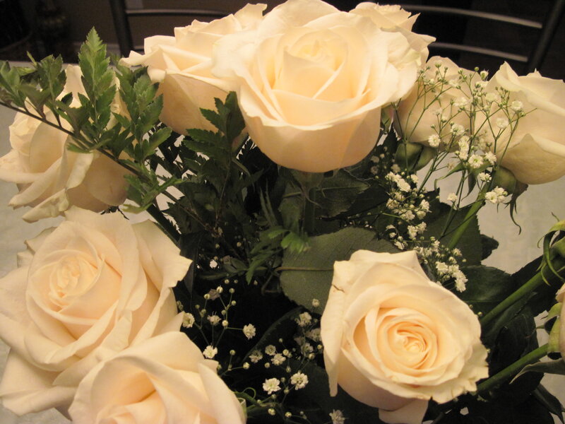Bouquet of White Roses — Calm, Photograph, Green Leaves, Baby's Breath, Table