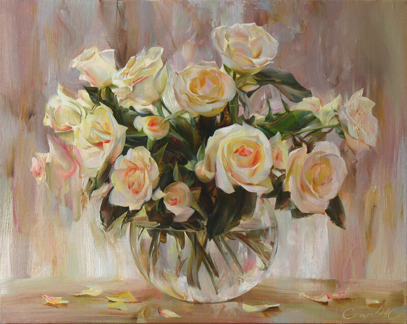 Bouquet of White Roses — Serene, Painting