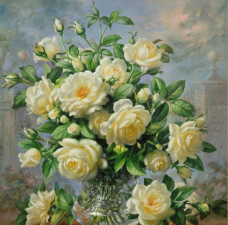 Bouquet of White Roses — Serene, Painting, Vase