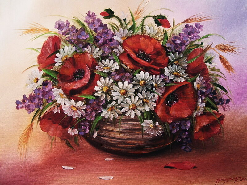 Bouquet of Wildflowers — Red, Serene, Painting