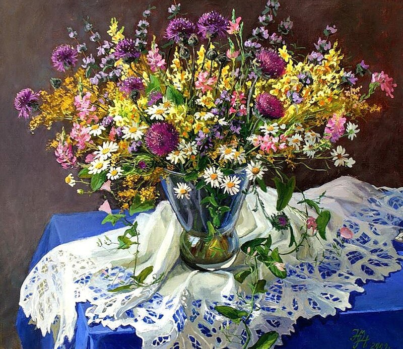 Bouquet of Wildflowers — Yellow, Calm, Painting, Vase