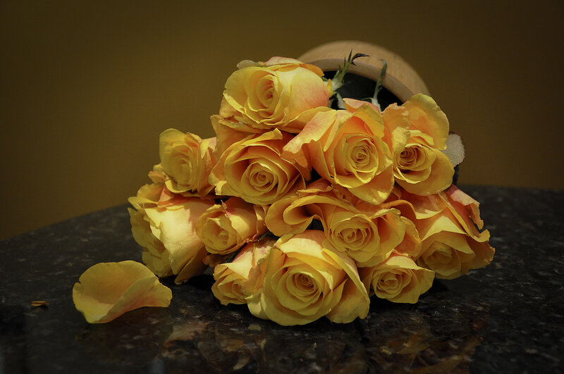 Bouquet of Yellow Roses — Dramatic, Photograph, Vase