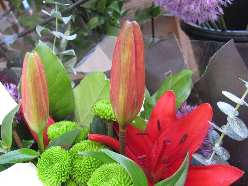 bouquet with lilies and green flowers