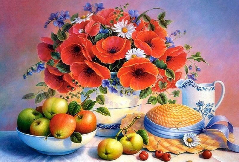 Bowl of Apples and Flowers