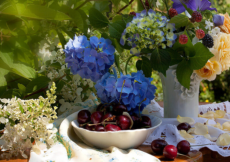 Bowl of Cherries and Flowers — Blue, Serene, Afternoon