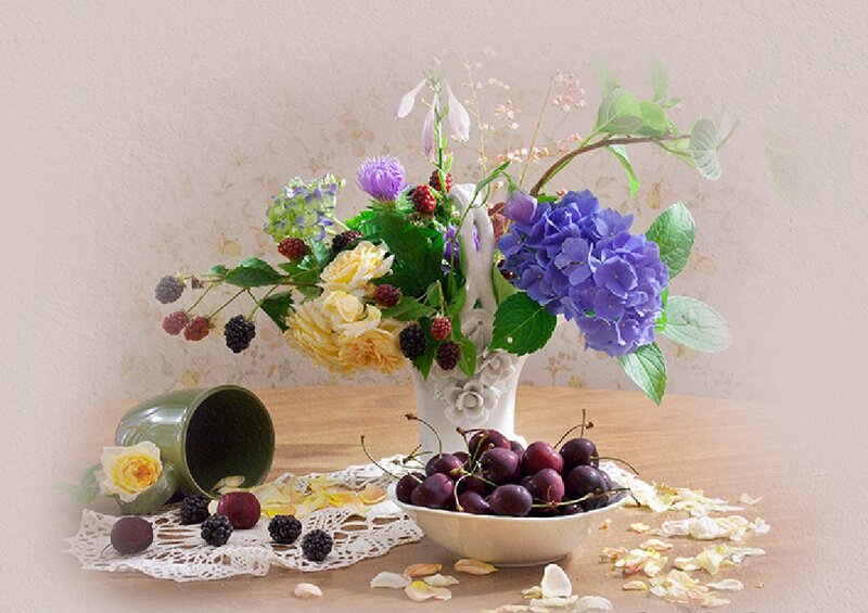 Bowl of Cherries and Flowers — Purple