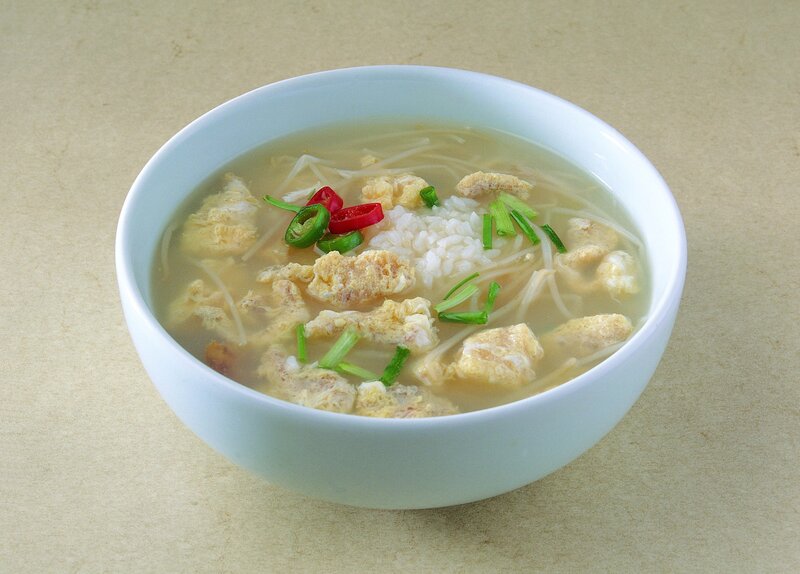 Bowl of egg and rice soup