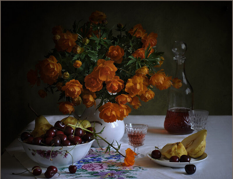 Bowl of Fruit and Flowers