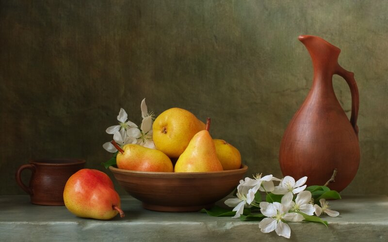 Bowl of Pears and Flowers