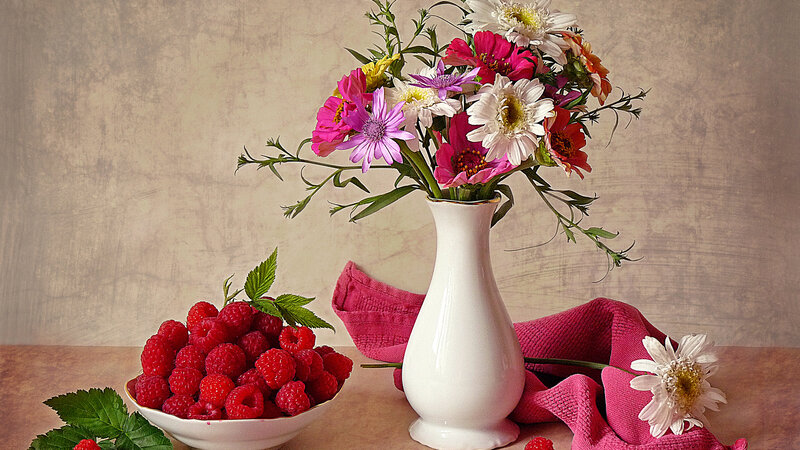 Bowl of Raspberries and Flowers — White, Calm