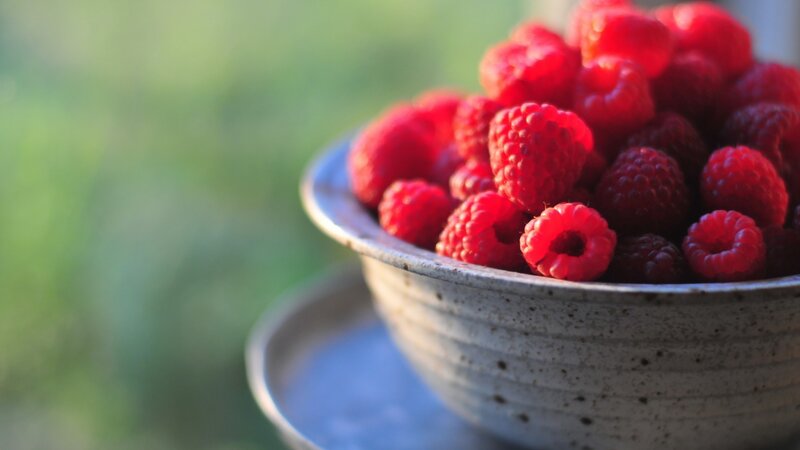 Bowl of Raspberries — Red, Serene, Afternoon, Photograph, Plate