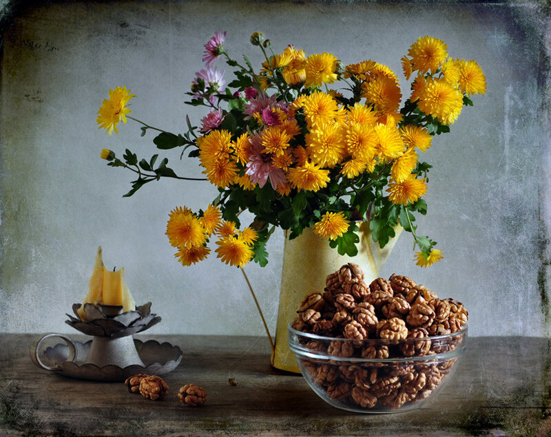 Bowl of Walnuts and Flowers