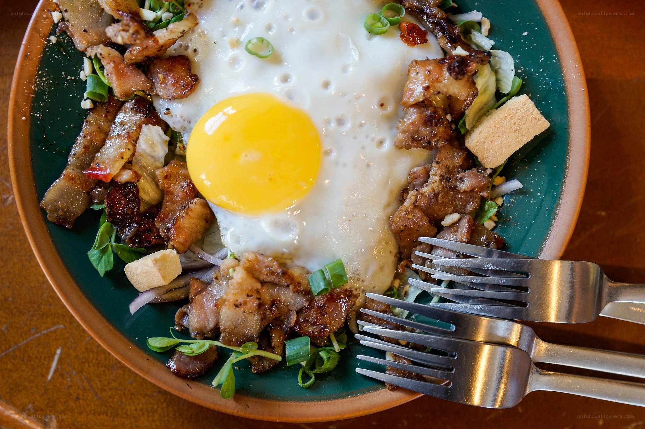 Bowl with fried egg and pork