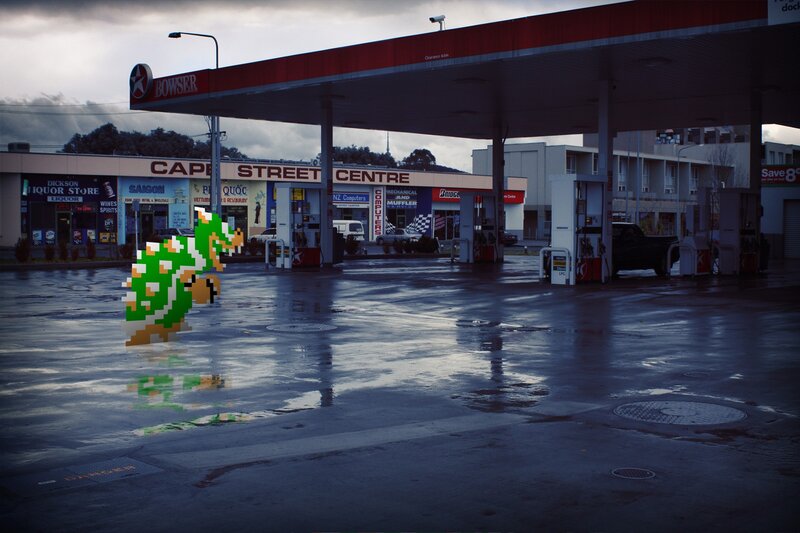 Bowser at a gas station