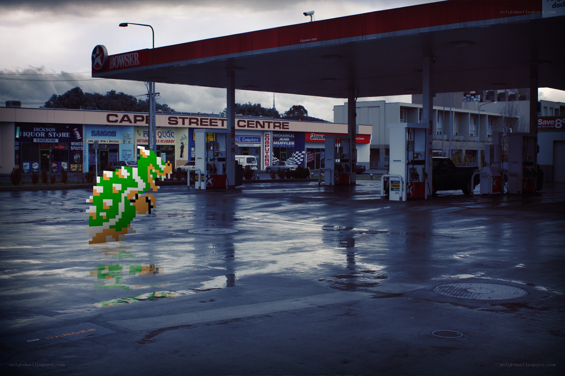 Bowser at a gas station