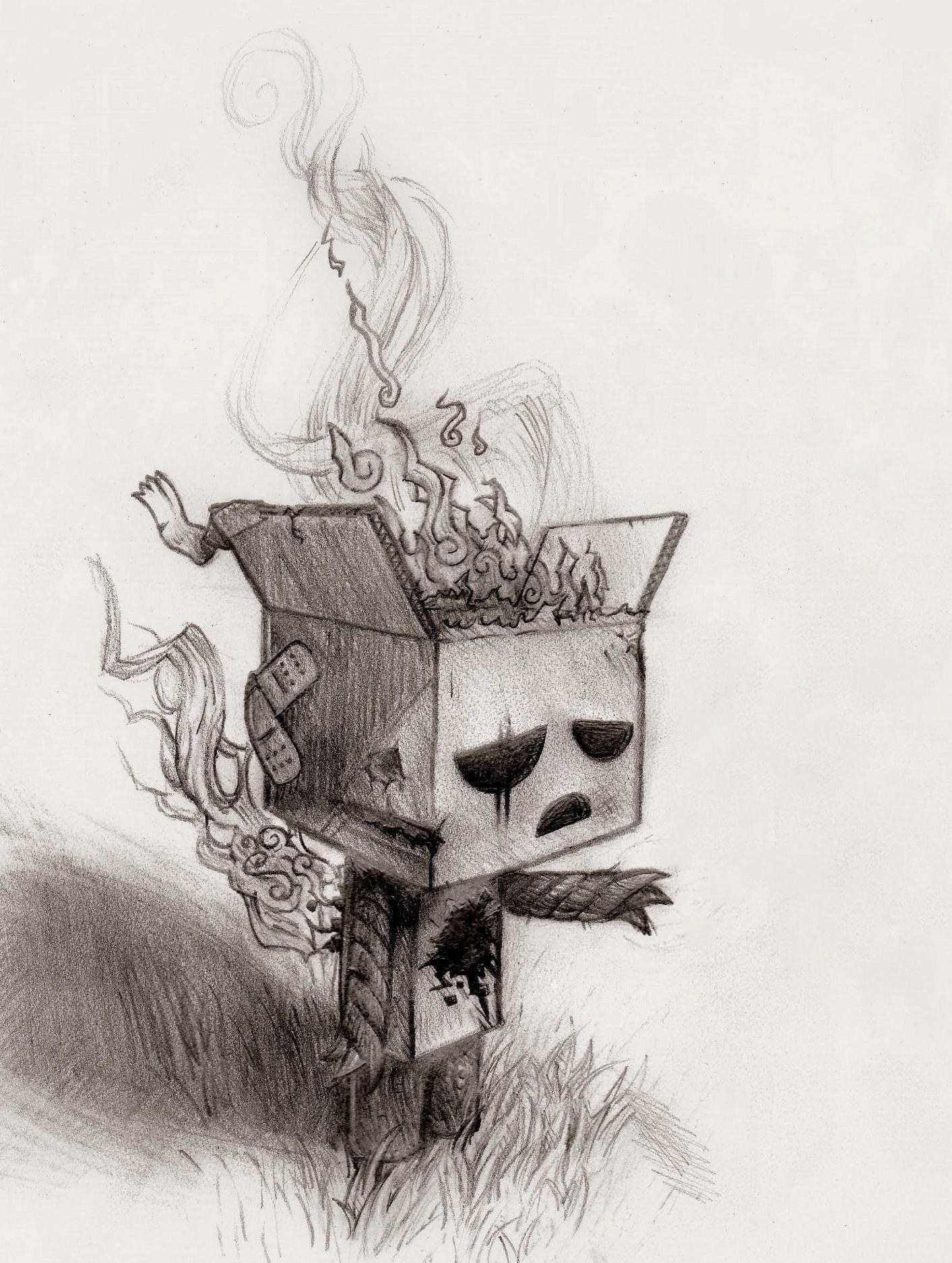 Box creature with smoke
