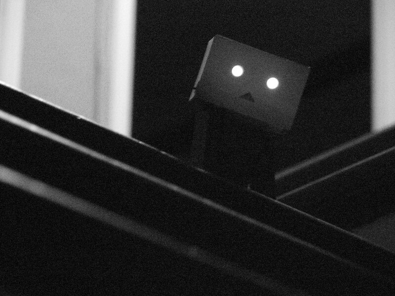 Box robot with glowing eyes