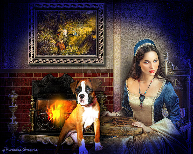 Boxer Puppy by Fireplace