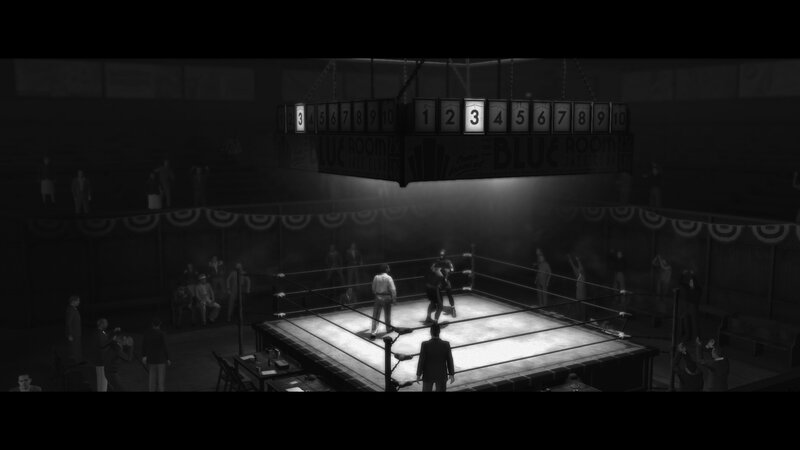Boxing match in a dimly lit arena