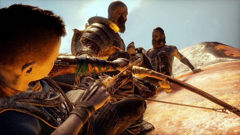 Boy Aiming Bow at Men