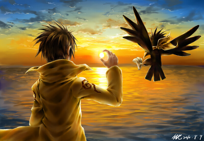 Boy and Bird at Sunset