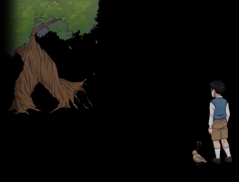 Boy and Bird Near Tree