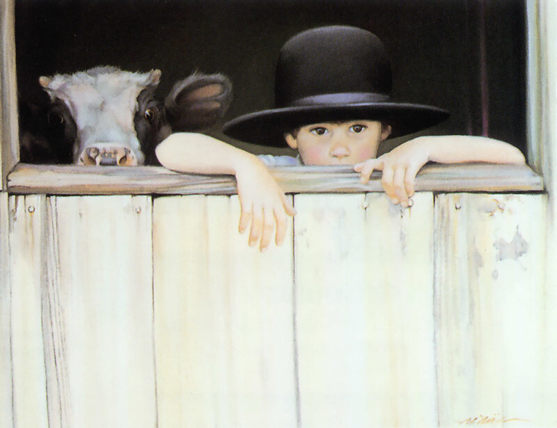 Boy and calf at barn window