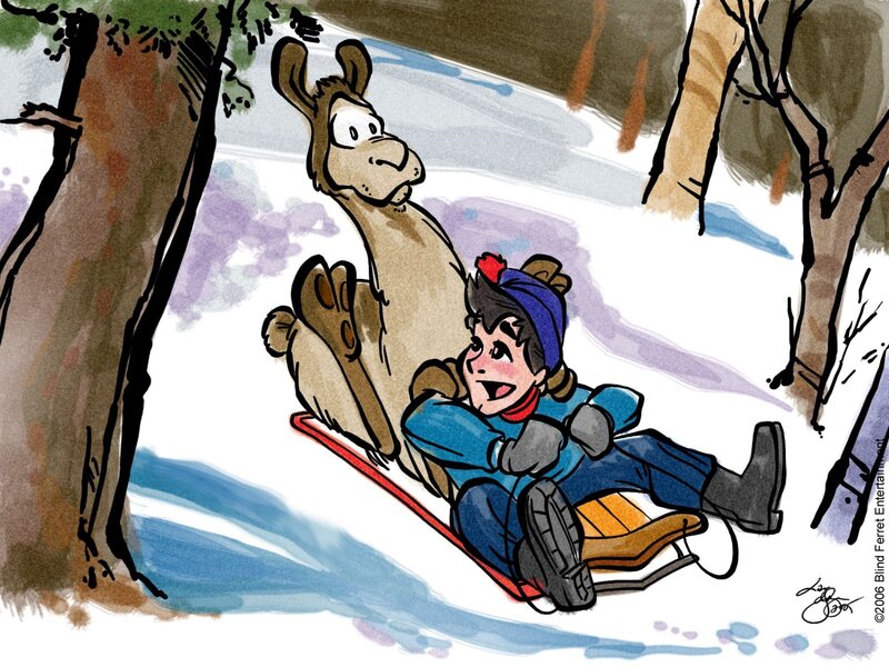 Boy and camel sledding