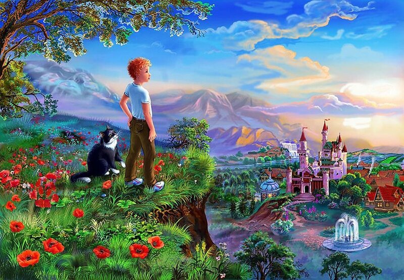 Boy and Cat on Hill