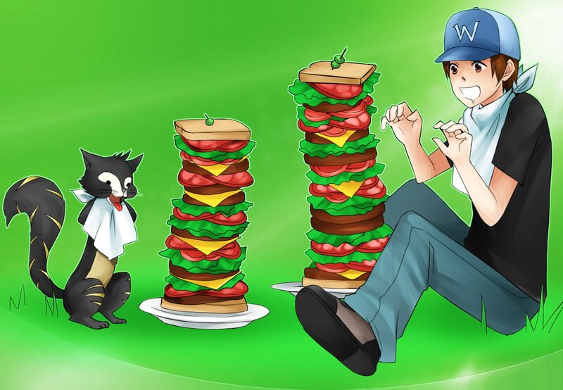 Boy and Cat with Sandwiches