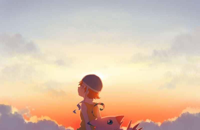Boy and Digimon at Sunset