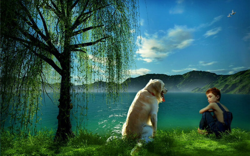 Boy and Dog by Lake