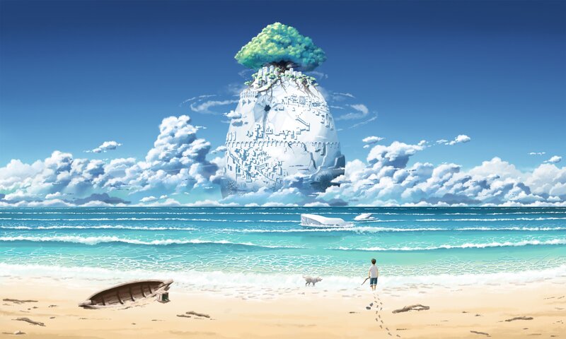 Boy and Dog on Beach — Blue, Serene, Afternoon