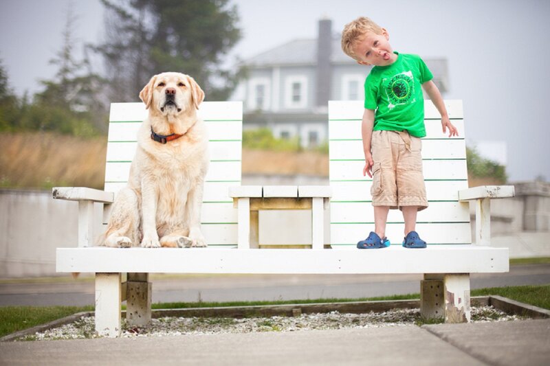 Boy and Dog on Bench