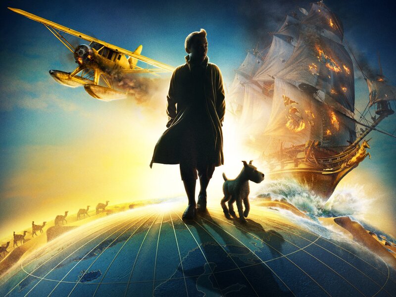 Boy and Dog on Globe — Blue, Dramatic, Sunset, Illustration, Airplane
