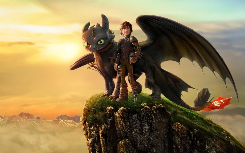Boy and Dragon on Cliff — Green, Serene, Sunset