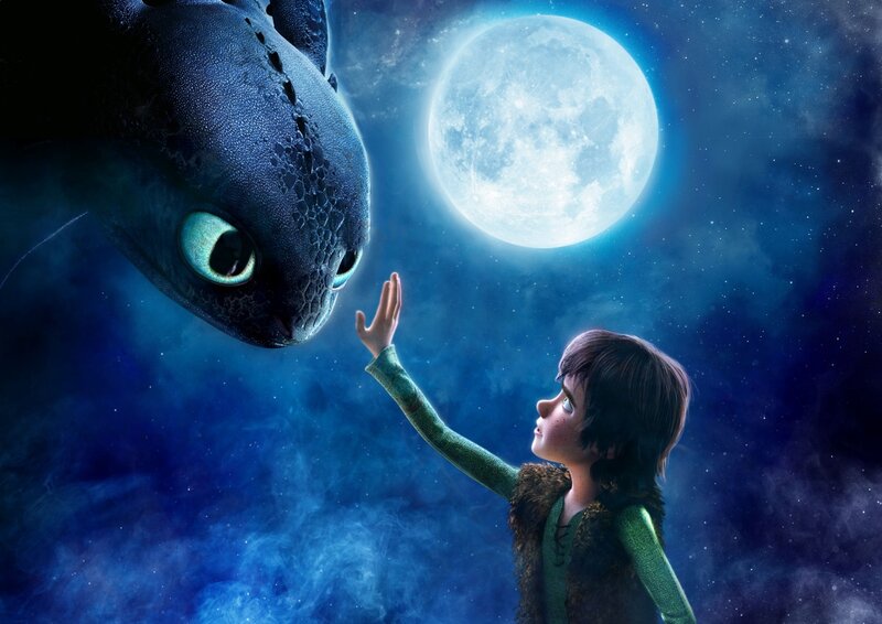 boy and dragon under moon
