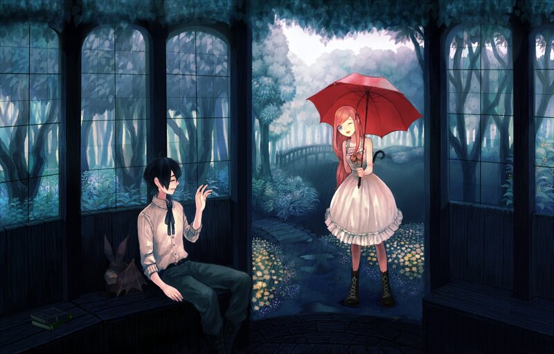 Boy and girl in a rainy garden