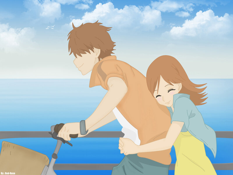 Boy and Girl on Bicycle — Blue