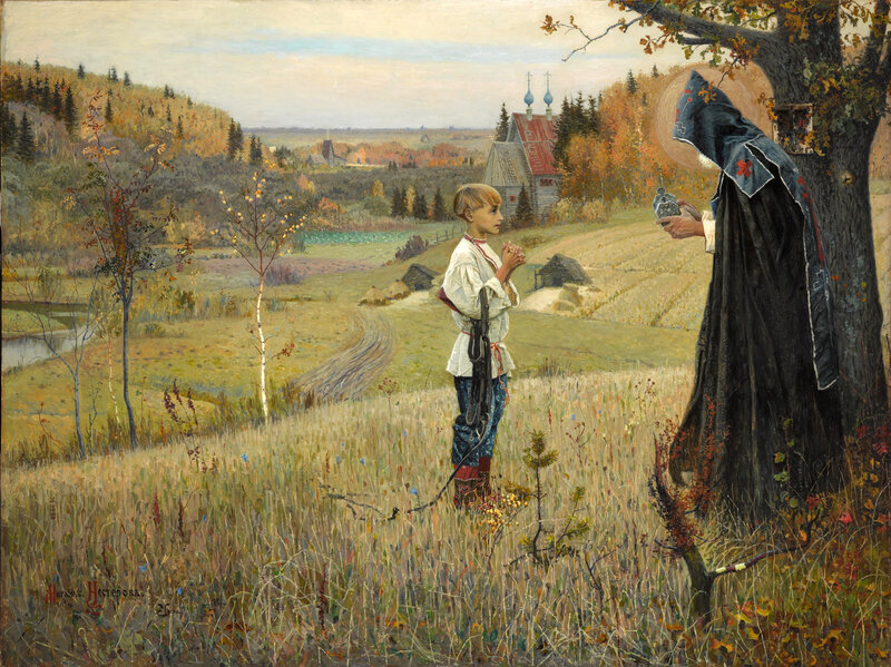 Boy and Monk in Field
