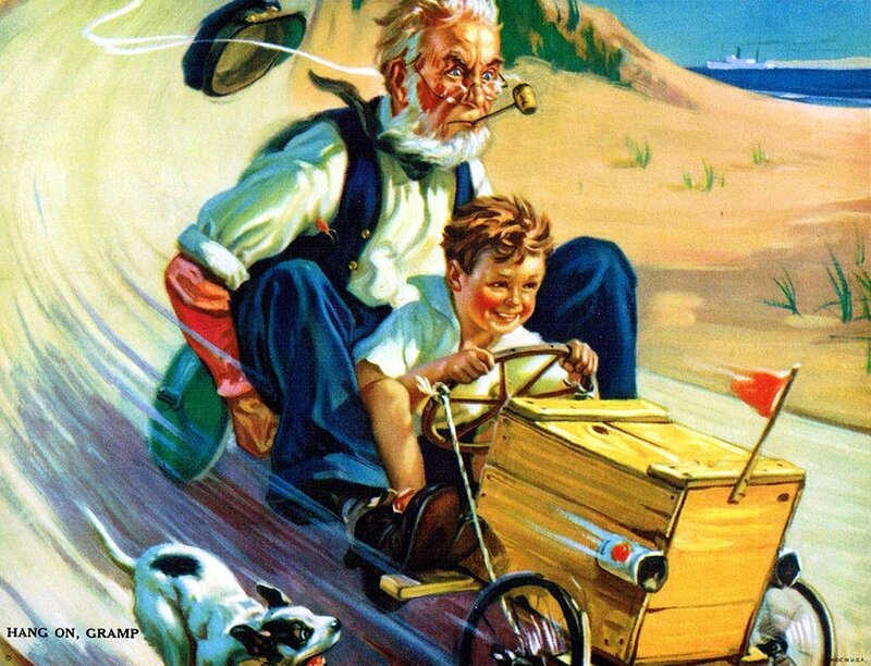 Boy and Old Man in Cart