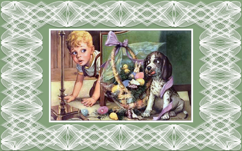 Boy and Puppy with Basket