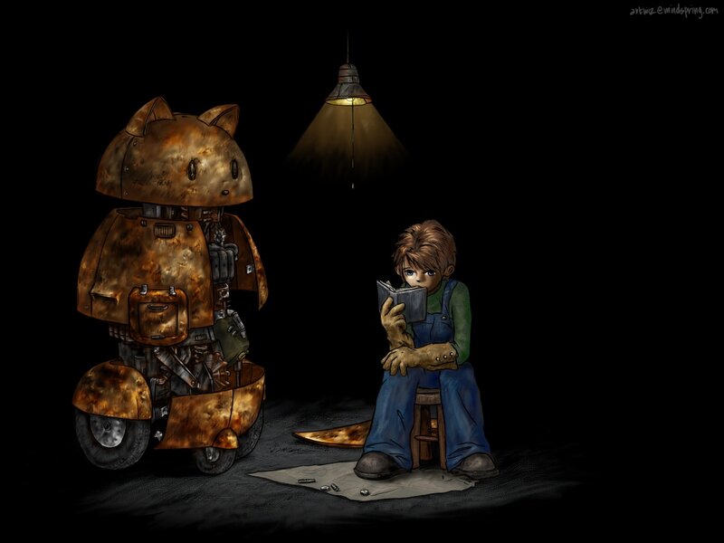 Boy and robot reading together